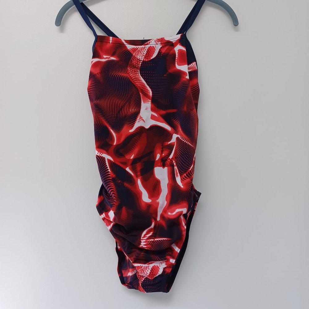 Speedo Endurance Red, White, Blue Abstract Print Swimsuit, Size 10
